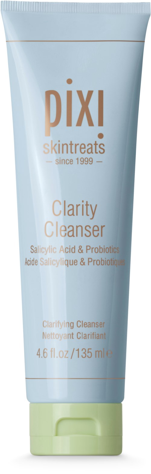 A light blue tube with a green cap, labeled Pixi Clarity Cleanser, containing 4.6 fl oz. or 135 ml of product.