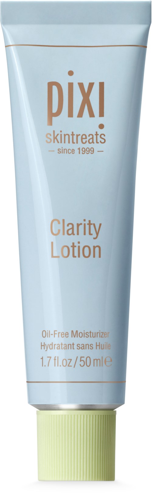 Vaaleansininen putkilo, jossa on vihreä korkki, nimeltä Pixi Clarity Lotion, 50 ml ja merkintä kosteutusaineeksi.