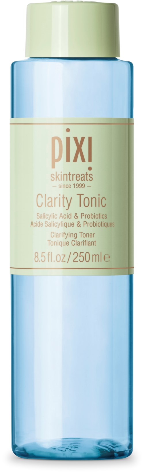 Eine klare blaue Flasche mit Pixi Skintreats Clarity Tonic, grüner Kappe und Etikett.