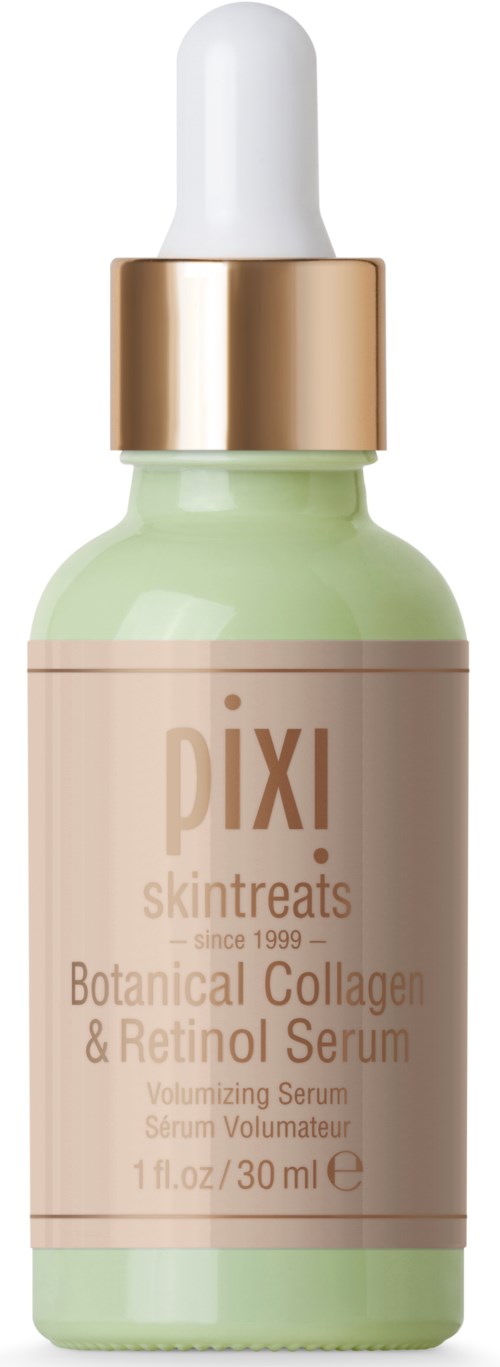 A small green bottle with a white dropper cap, labeled as botanical collagen and retinol serum.