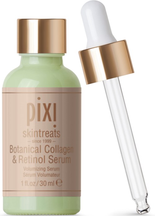 A green bottle of Pixi skincare serum with a gold cap and a dropper.