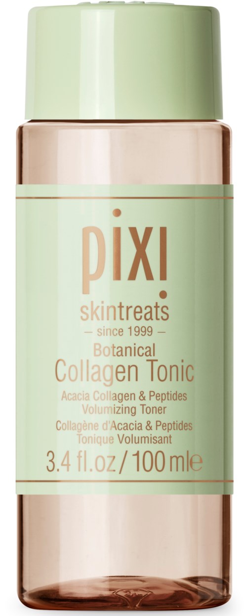 A bottle of Pixi botanical collagen tonic with a green cap and peach-colored bottom, showing product details on the label.