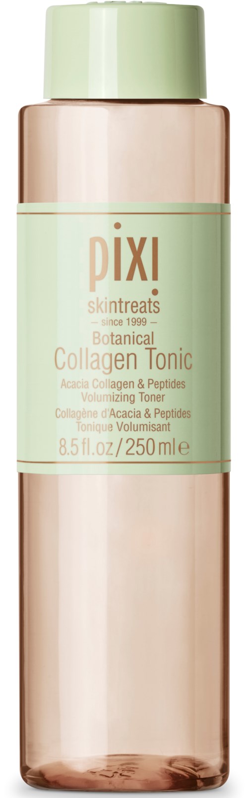 A tall, light green and pink bottle labeled Pixi Botanical Collagen Tonic with a green cap.