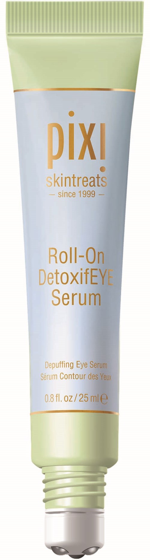 En tub med Pixi Detoxify Eye Serum, grön och vit, med pump, för underögonskötsel.