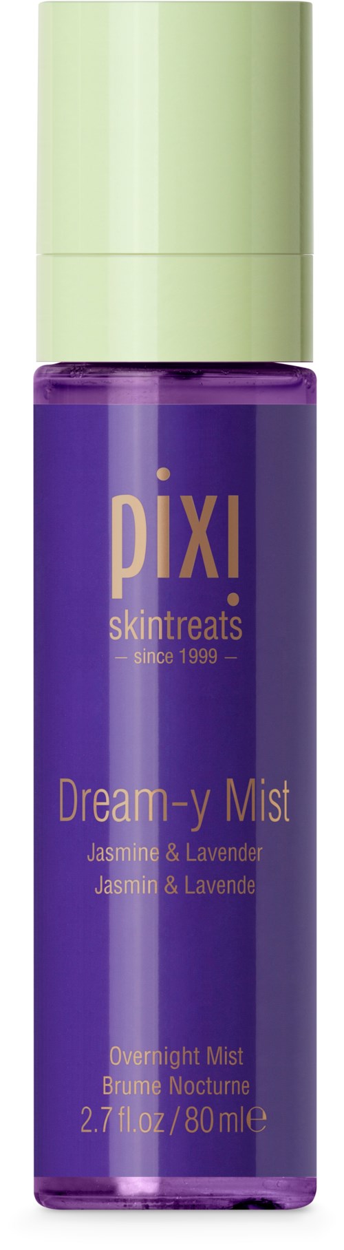 A purple bottle with a green cap, labeled as Pixi Dream-y Mist with jasmine and lavender, for nighttime use.