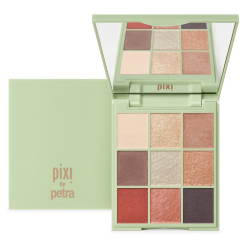 Een groen make-up palette met 12 verschillende tinten, inclusief roze, bruin en zwart. Heeft een spiegel.