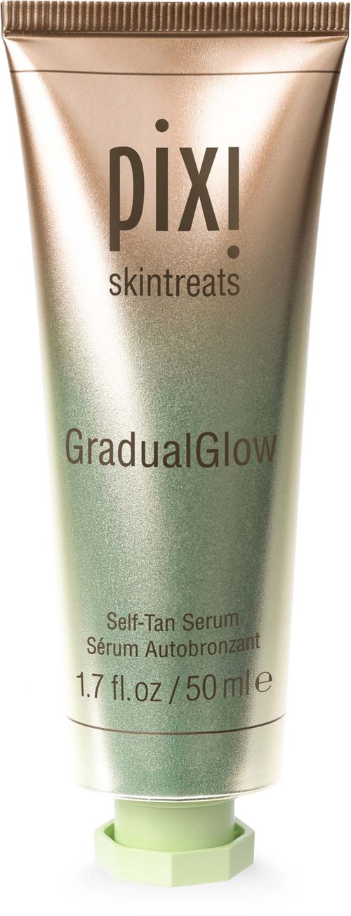 Tubka sera samoopalającego Pixi SkinTreats Gradual Glow z zieloną nakrętką i jasnym opakowaniem.