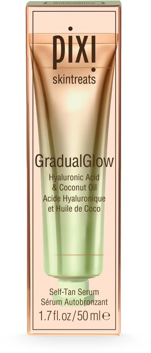 Tuba Pixi Gradual Glow Self-Tan Serum z kwasem hialuronowym i olejem kokosowym, 50 ml, w różowym opakowaniu.