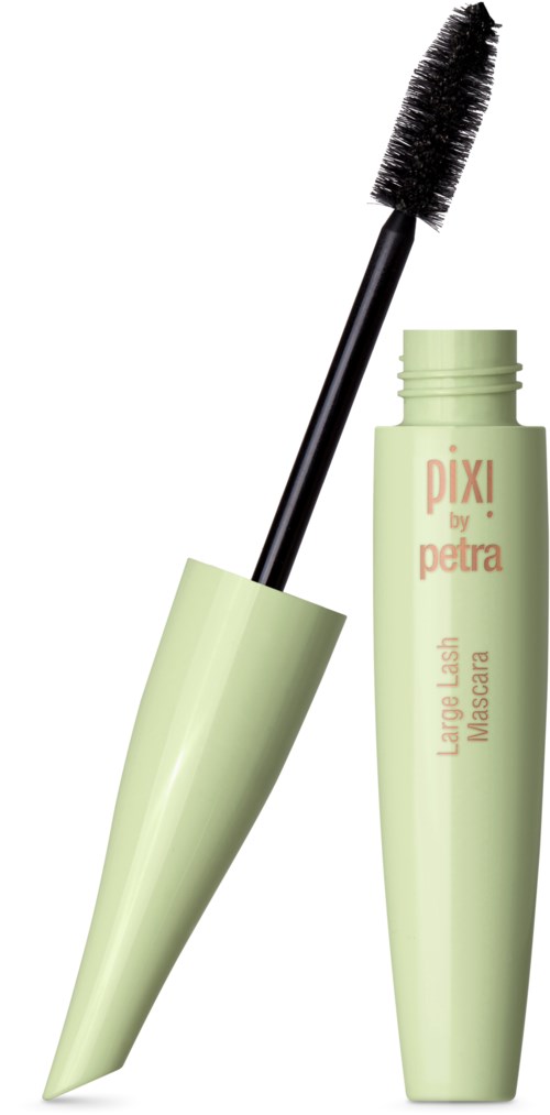 A green mascara tube with the wand outside, showing black mascara on the brush.