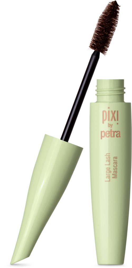 Ein grüner Mascara-Tube mit einem braunen Bürstengriff und dem Text "pixi by petra" auf dem Rohr.
