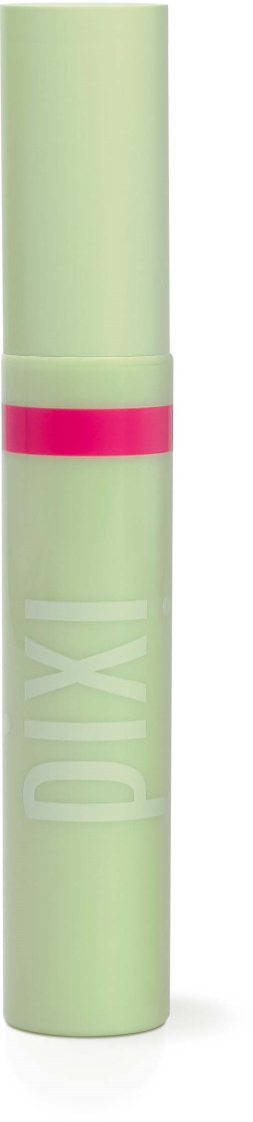 En grønn sylinderformet gjenstand med en rosa stripe, sannsynligvis et kosmetisk produkt som leppestift eller balm.