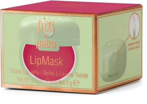 Lip mask in a box, pink container, and green lid, with pink and green packaging design.