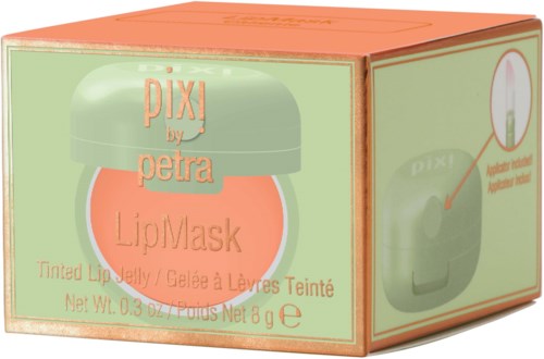 A box of Pixi by Petra Lid Mask with peach-colored lid, green and pink packaging, and product description.