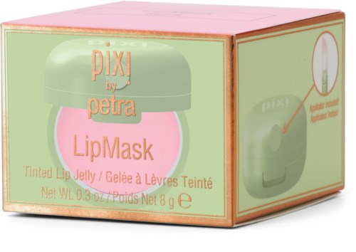 Een pastelgekleurde verpakking van Pixi Lip Mask met een doorzichtig deksel en productinformatie.