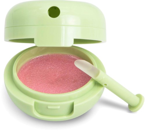Kleine roze make-upspiegel met groen doosje en een witte applicator binnenin.
