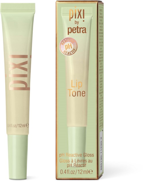 Een lipgloss tube en de verpakking ervan, beide hebben het woord "PIX!" en vermelden pH-reactieve lipgloss.