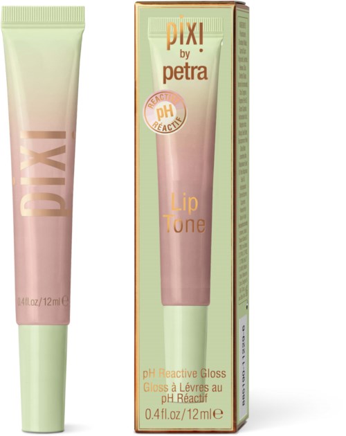 Een tube van Pixi Lip Tone met pH-reactieve glans naast de verpakking, beide in zachte pastelkleuren.