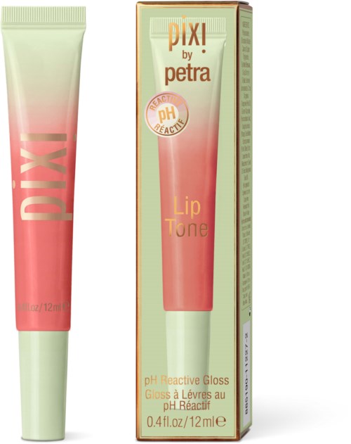 Roze tube lipgloss met 'Pixi by Petra' en een bijpassende doos. Bevat pH-gevoelige lipgloss met kleurveranderingen.