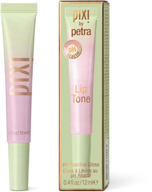 Een roze-wit lipgloss tube met een doos ernaast, gemarkeerd 'Pixi by Petra'.