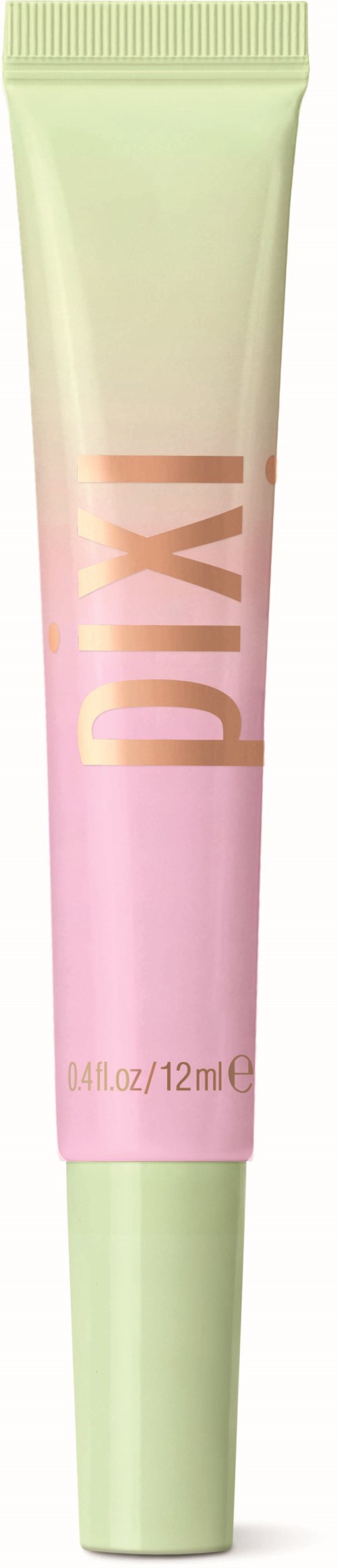 Een tube met een groengele kop en roze onderkant, met 'PIX' in gouden letters.