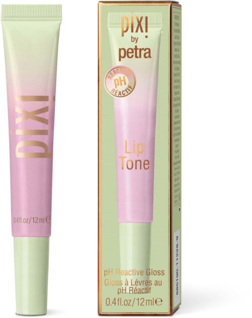 Een lipgloss tube met roze en crème kleuren, en een doos met vergelijkbaar design en tekst.