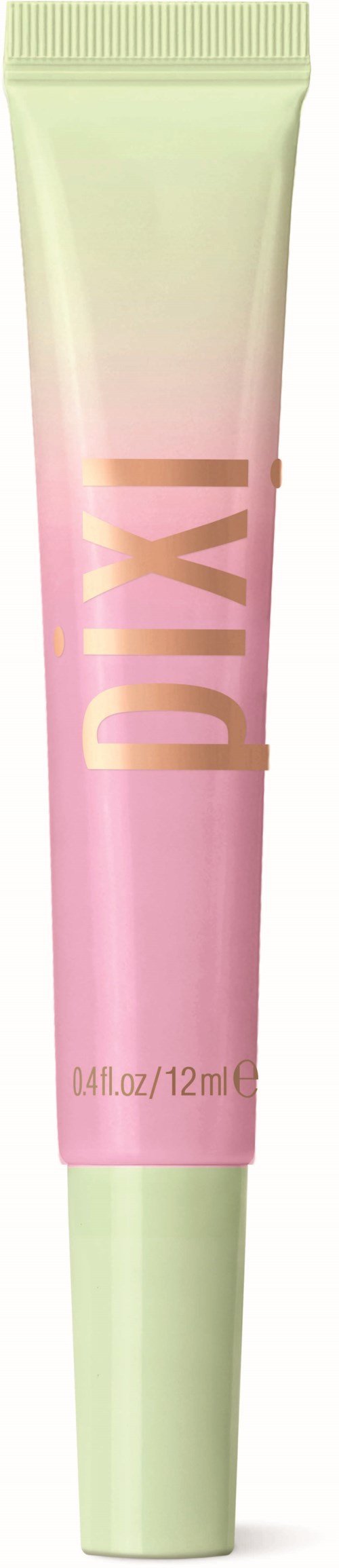 Een kleine tube met pastelroze en crèmekleuren, gemarkeerd 'Pixi'.