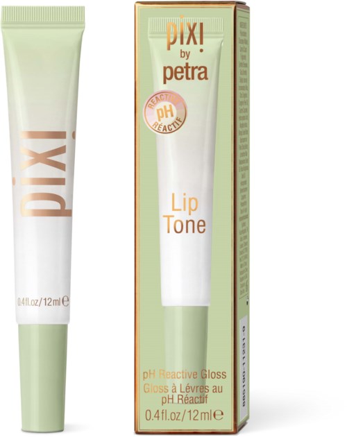 Een lipglossbuis en doos met 'Pixi by Petra Lip Tone' en 'pH React' markering.