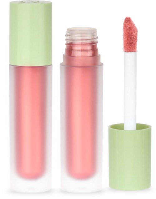 Leppeglansrør med rosa gloss og svampapplikator, grønt lokk og gjennomsiktig kropp som viser glossen inni.