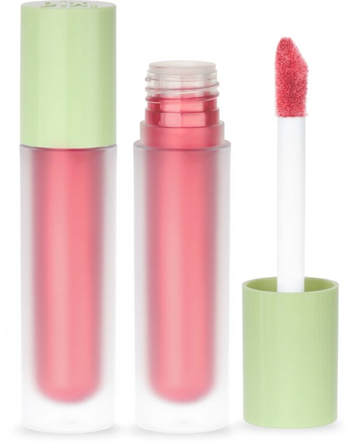 Leppestift med rosa gloss og grønn hette, påføringspensel med rosa svamp i nærheten.