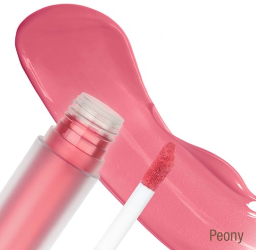 En rosa leppeglans tube med åpen applikator og en glansfull rosa farge. Ordet Peony vises nederst.