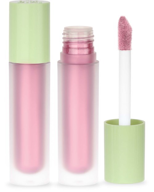Leppeglans i rosa med grønn hette og påføringspinsel. Pinsel er ute av røret, viser rosa gloss.