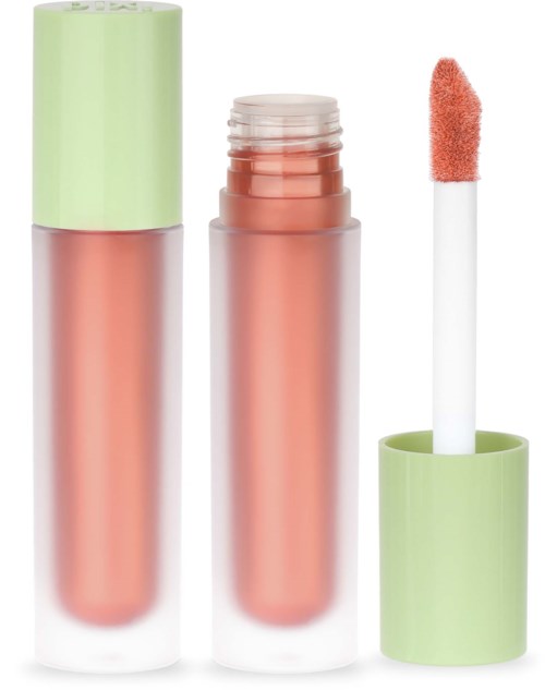 En leppefargeløkke med grønt lokk og en fluffy applikeringsbørste inni.