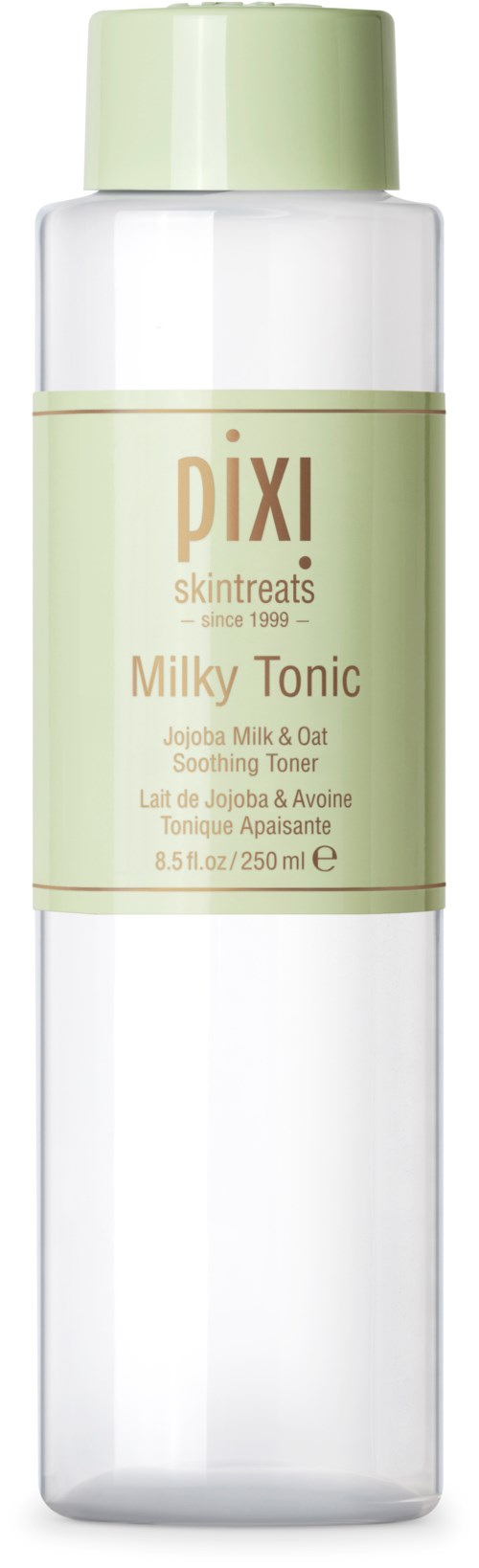 En klar flaske med lys grønt lokk, merket Pixi Milky Tonic med milde ingredienser som jojoba og havre.