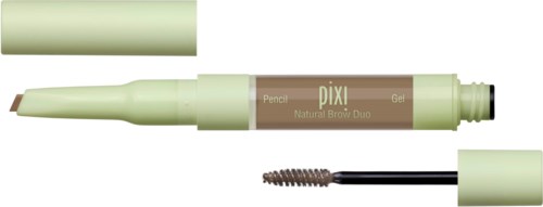 Nestemäinen kulmakarvageelipuna, väri ruskea, harjalla, merkinnät 'DIXI Natural Brow Duo' ja 'Gel'.