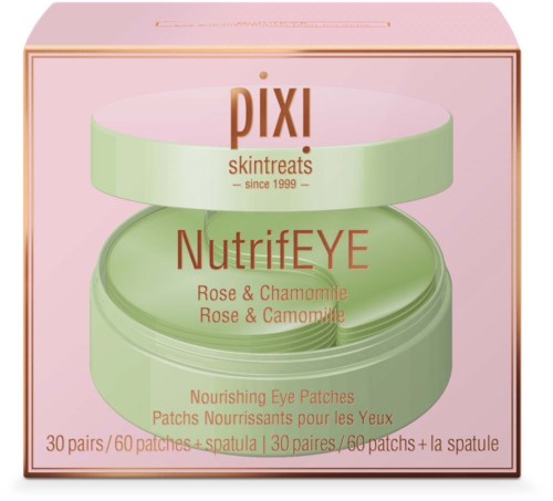 Green jar with pink background, contains nourishing eye patches with rose and chamomile. Brand name is Pixi. 30 pairs included.