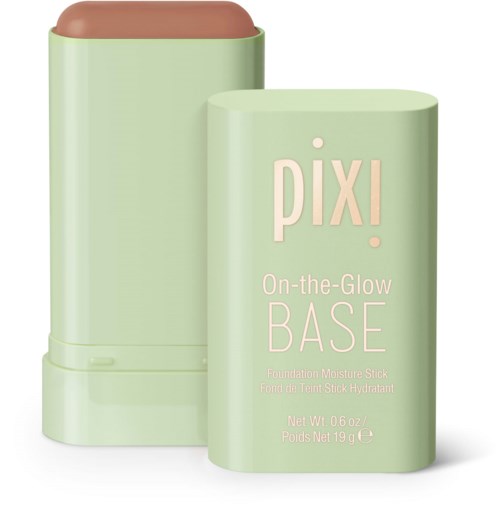 Pastellinvärinen meikkipidike, jossa ruskea yläosa, merkinnällä 'Pixi On-the-Glow Base'.