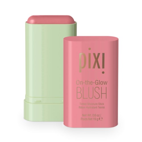 Ein pinker Rouge-Stift vor einem passenden rosa und grünen Behälter.