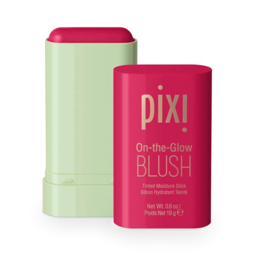 Een roze en groene make-upstickhouder, met label 'Pixi On-the-Glow Blush'.