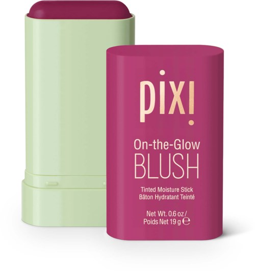 Eine rosa und grüne Lippenstiftverpackung mit einem Blush namens on-the-glow. Helle, einfache Verpackung für Make-up.
