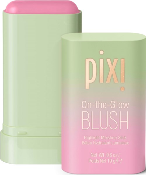 Ein rosa und grüner Behälter für Rouge, mit 'Pixi' und Produktdetails auf der Vorderseite.