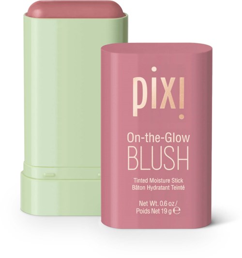 Rosa Blushstift vor einem grünen Behälter mit pinkem Deckel. Einfaches Design, Produkt für Wangen oder Gesicht.