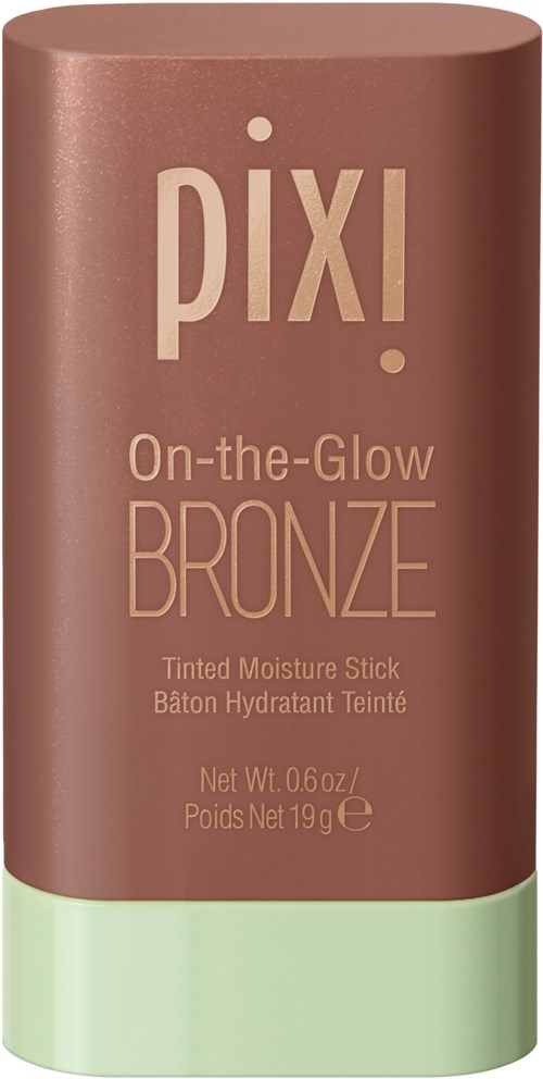 Ein Bronzer-Stick mit rosa-braunem Tubus und mintgrünem Deckel, beschriftet Pixi On-the-Glow Bronzer.