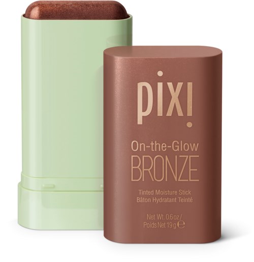 Ein brauner Bronzeton-Stick mit pinkfarbenem Text, der anzeigt, dass es sich um ein Feuchtigkeitsprodukt von PIXI handelt.