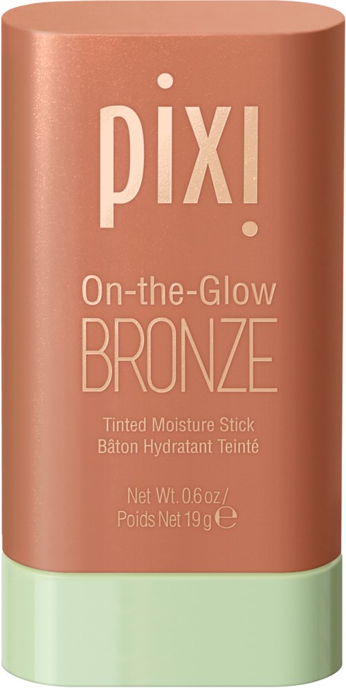 Ein Bronzer-Stick in rosa-korallen Tube mit mintgrünem Boden, gekennzeichnet 'Pixi On-the-Glow BRONZE' für getönten Feuchtigkeits.