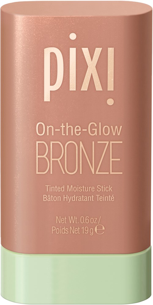 Ein pinker und grüner Kosmetikstift mit dem Markennamen 'Pixi' und 'On-the-Glow Bronze' darauf.