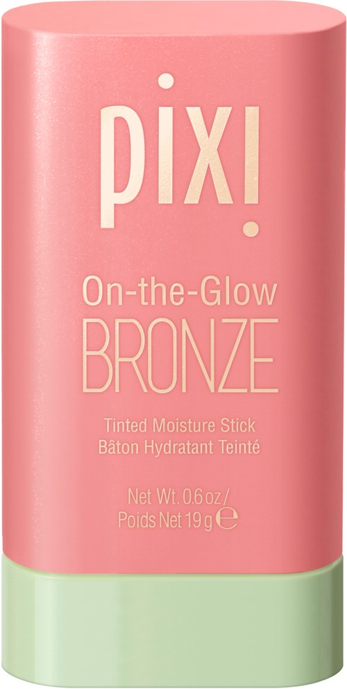 Roze en groene houder voor een bronzing hydraterende stick, gelabeld 'Pixi On-the-Glow Bronze'.