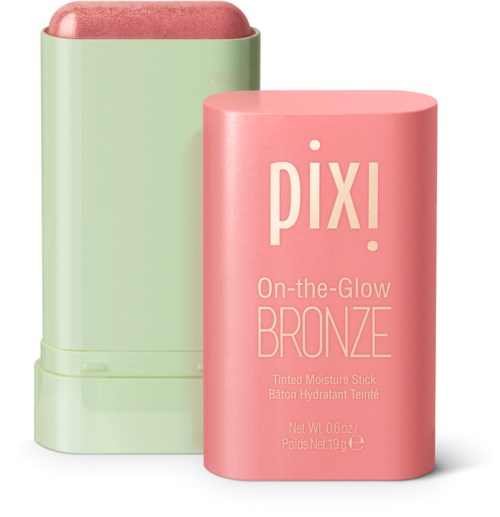 Een roze en groene make-up stick met de merknaam 'Pixi' en 'Bronze'.