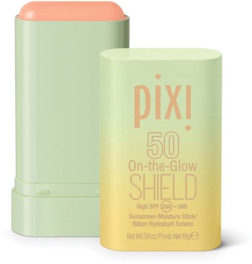 A pastel yellow and green sunscreen stick with pink cap, labeled Pixi 50 on-the-glow shield. Simple design.