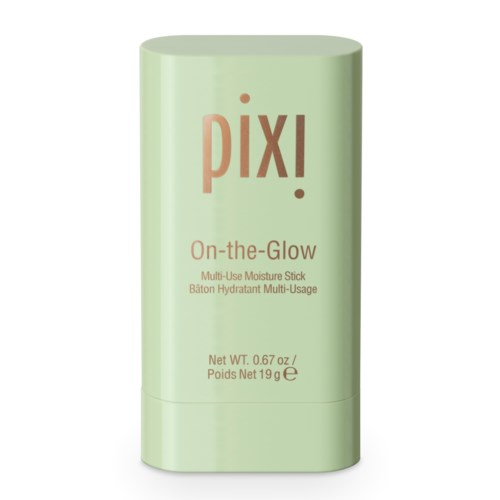 A light green stick with pink text that says 'Pixi' and 'On-the-Glow'. It is a moisturizer stick bottle.