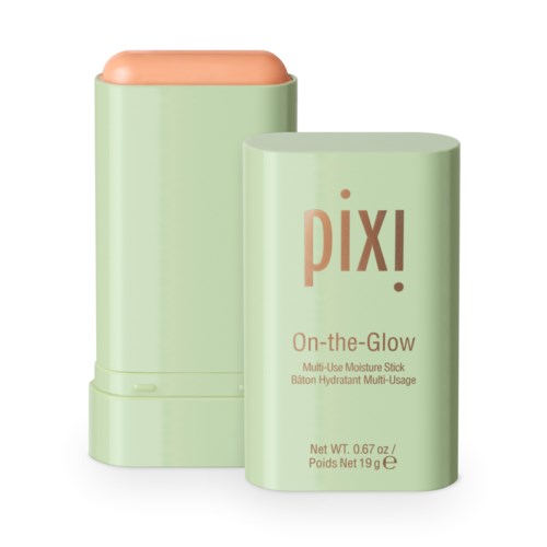A light green container with a peach-colored lid, labeled 'Pixi On-the-Glow' moisturizer stick.